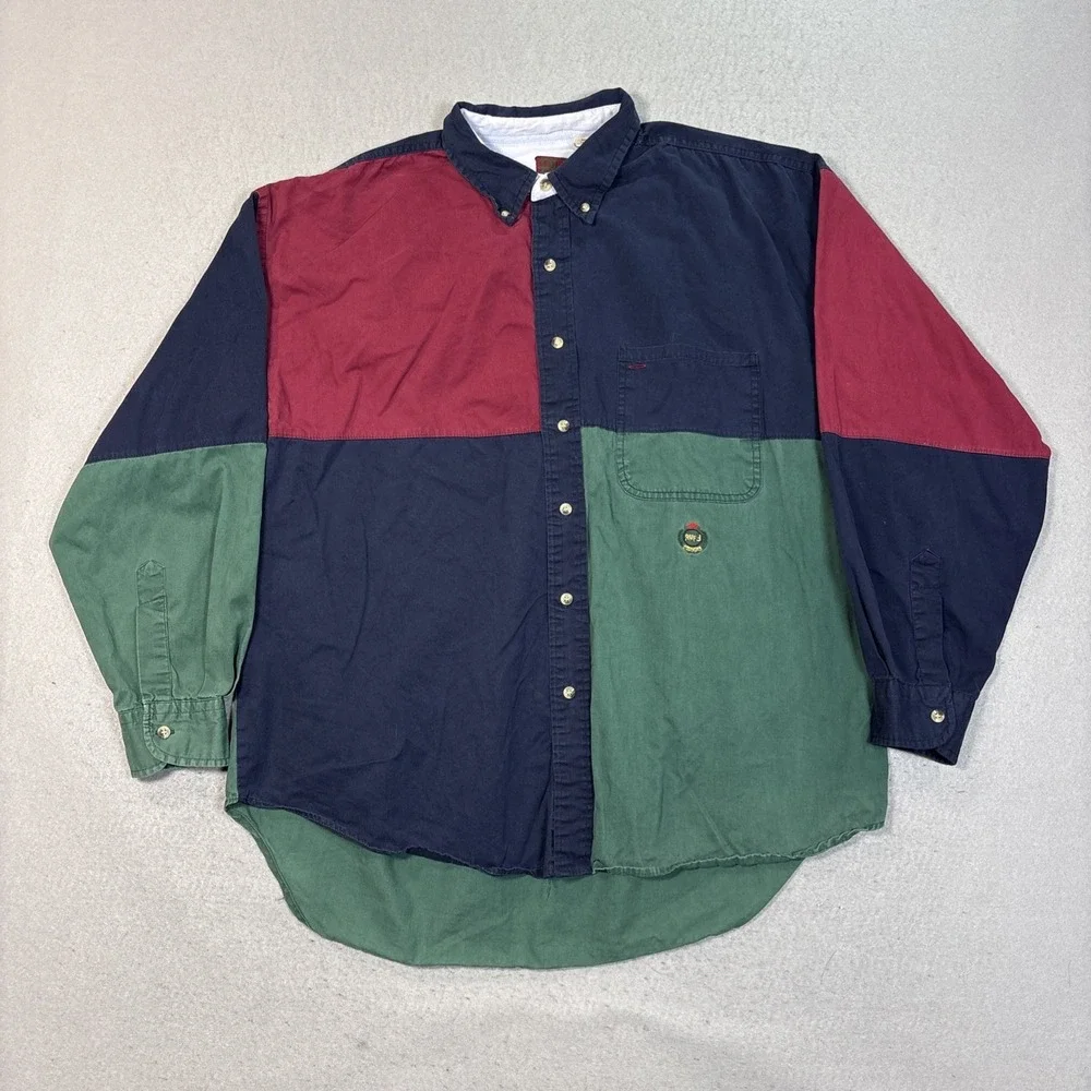 Vintage Ruff Hewn Shirt Mens XLarge‎ Multicolor Crest Logo Button Up 90s